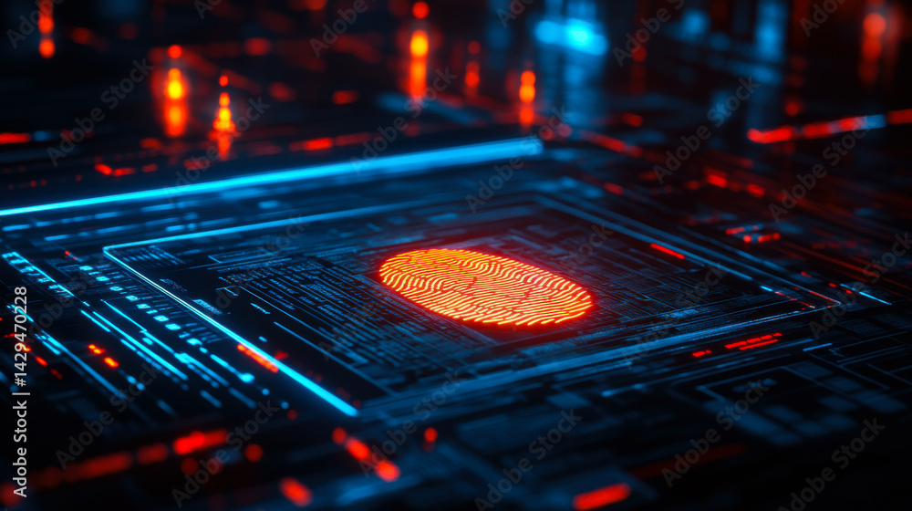 Modern technology showcases a glowing fingerprint sensor on a circuit board in a dark setting