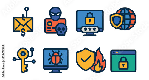 Flat vector icons of cybersecurity: secure Wi-Fi, virus protection, threat monitoring, hacker, firewall, secure chat, encrypted file, two-factor authentication.