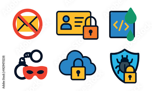 Flat vector icons of cybersecurity: anti-spam, personal data safety, secure code, data leak prevention, cybercrime, cloud security, virus protection, cyber defense.