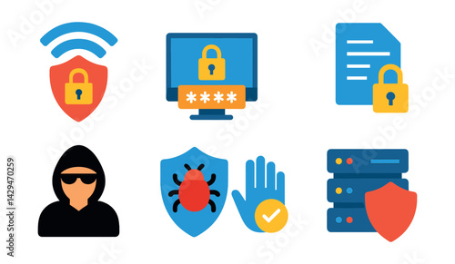 Flat vector icons of cybersecurity: VPN, secure login, threat monitoring, encryption, hacker, malware protection, cyber hygiene, data protection.