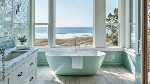 A contemporary beach house bathroom features whitewashed wood paneling, a walk-in shower with turquoise tile walls, and a freestanding bathtub that offers ocean views