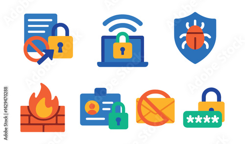 Flat vector icons of cybersecurity: data theft prevention, digital safety, secure Wi-Fi, virus protection, firewall, secure access, anti-spam, strong password.