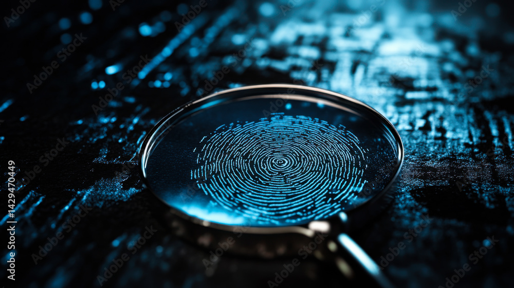 Magnifying glass revealing a detailed fingerprint on a reflective surface in a darkened environment