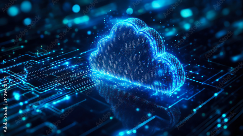 Bright digital cloud icon with glowing lines representing data flow in a virtual environment