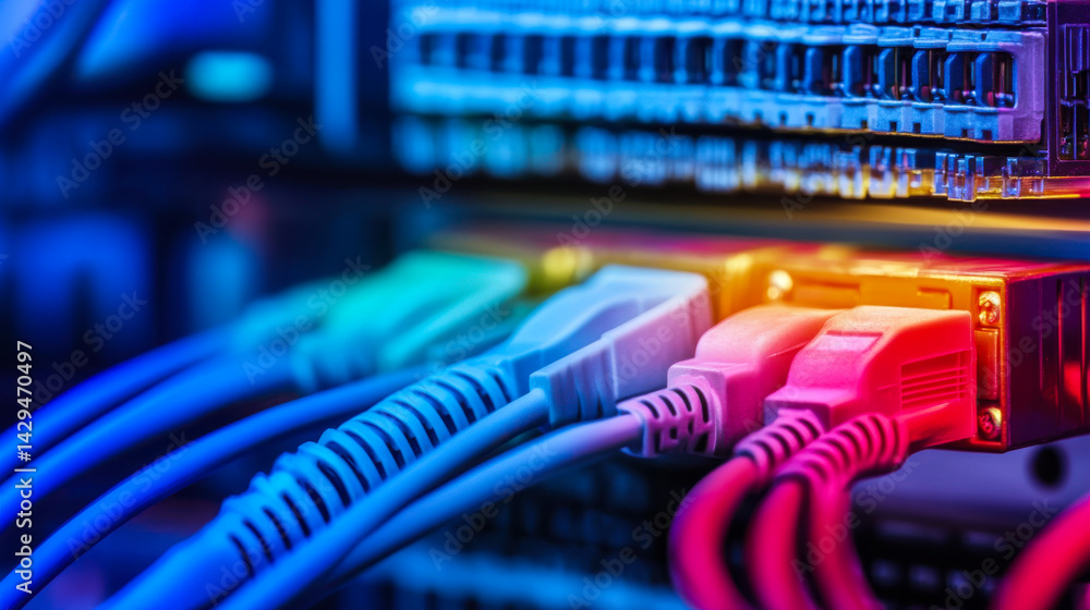 Network cables connected to a server switch with colorful lights in a data center environment during nighttime operation