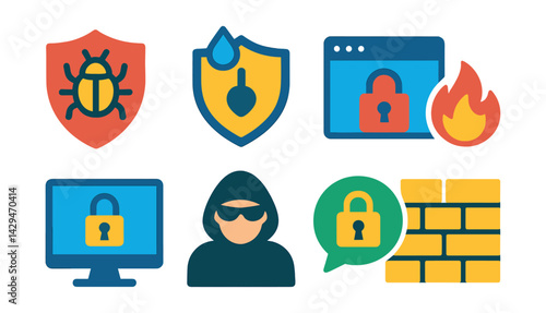 Flat vector icons of cybersecurity: malware protection, data leak prevention, cybercrime, personal data safety, safe browser, firewall, hacker, secure chat.