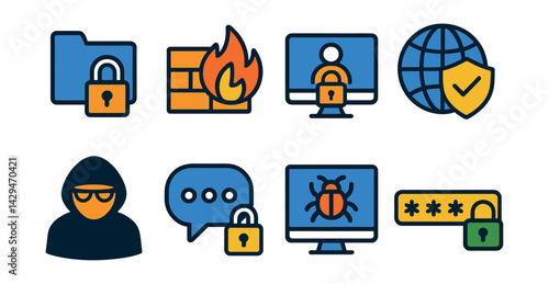 Flat vector icons of cybersecurity: data protection, firewall, secure login, VPN, hacker, secure chat, threat monitoring, strong password.