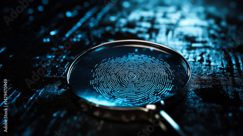 Obraz na płótnie Magnifying glass revealing a detailed fingerprint on a reflective surface in a darkened environment w salonie