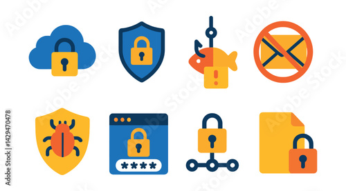 Flat vector icons of cybersecurity: cloud security, VPN, phishing, anti-spam, virus protection, secure login, network protection, encrypted file.