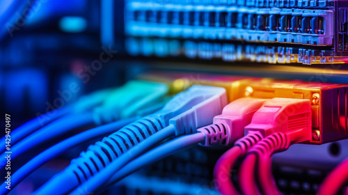 Obraz na płótnie Network cables connected to a server switch with colorful lights in a data center environment during nighttime operation w salonie