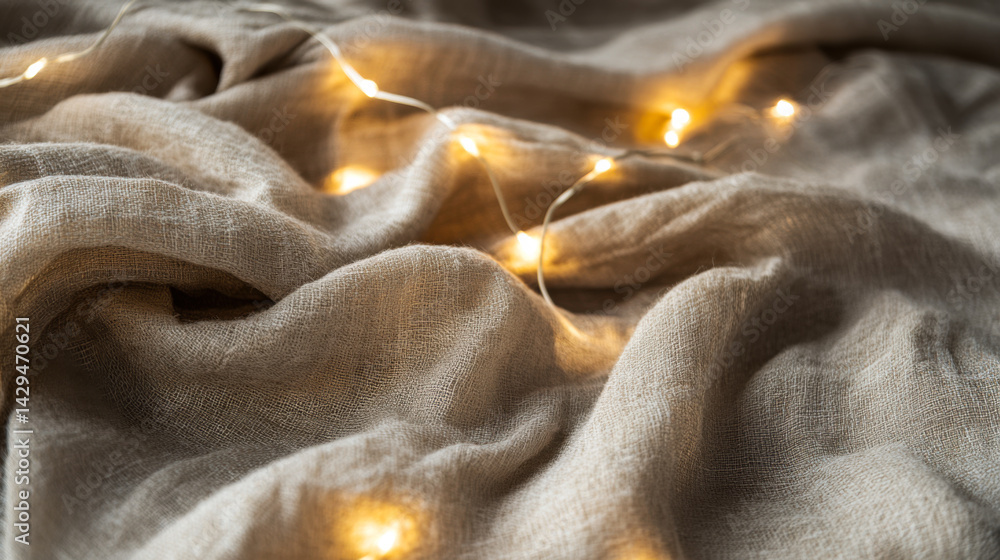 Soft linen fabric with glowing fairy lights creating a cozy atmosphere during evening hours