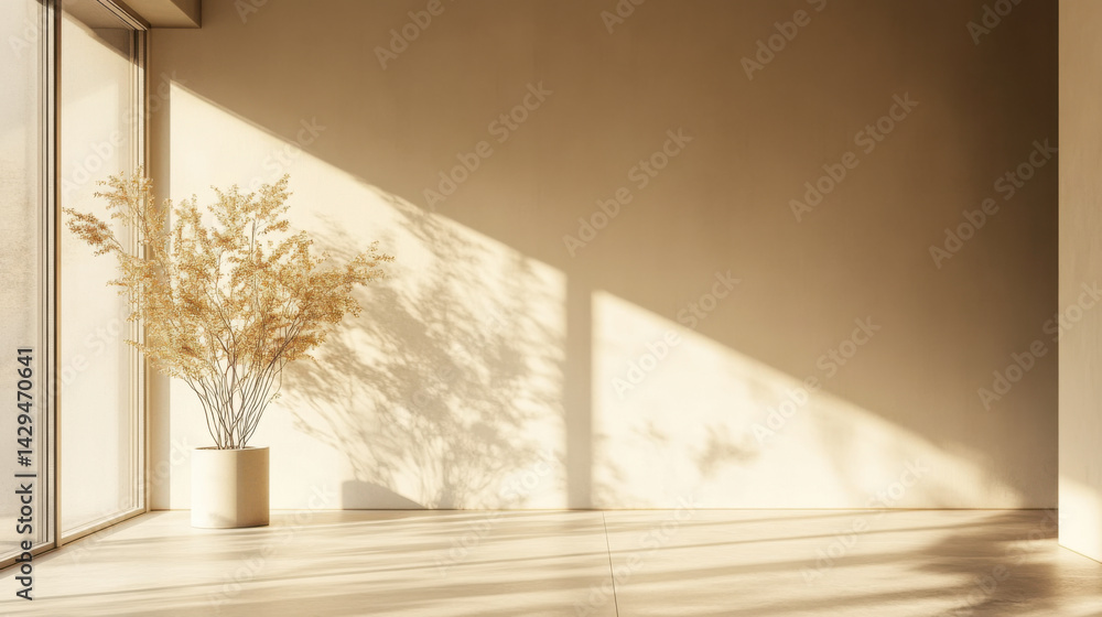 Elegant vase with dried flowers casting soft shadows in a sunlit room
