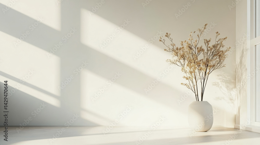 Elegant vase with dried flowers casting soft shadows in a sunlit room