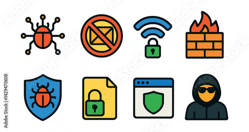 Flat vector icons of cybersecurity: cyber threat, anti-spam, secure Wi-Fi, firewall, virus protection, encrypted file, safe browser, hacker.