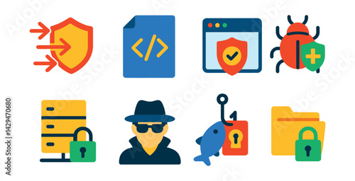 Flat vector icons of cybersecurity: DDoS protection, secure code, safe browser, antivirus, secure server, cyber espionage, phishing, encrypted file.