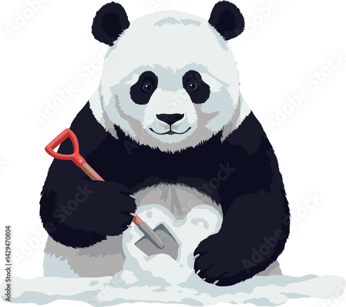 Wallpaper Mural Giant panda playing with red shovel digging snow in winter season vector illustration  Torontodigital.ca