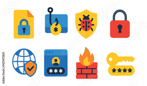 Flat vector icons of cybersecurity: encrypted file, phishing, malware protection, digital lock, safe browser, secure login, firewall, strong password.