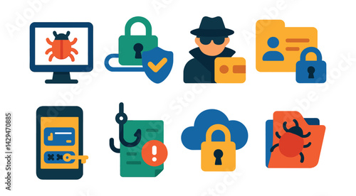 Flat vector icons of cybersecurity: threat monitoring, secure connection, cyber espionage, secure access, digital lock, antivirus, firewall, personal data safety.