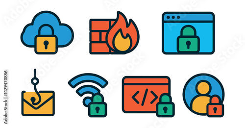Flat vector icons of cybersecurity: cloud security, firewall, malware protection, secure browser, phishing, secure Wi-Fi, secure code, secure access.