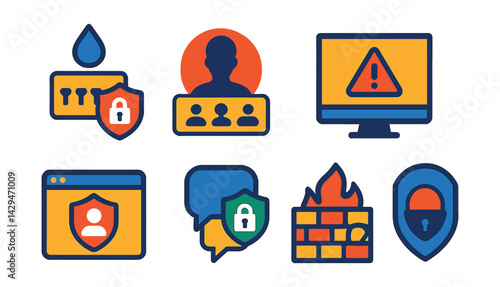 Flat vector icons of cybersecurity: strong password, cyber espionage, malware protection, personal data safety, firewall, secure Wi-Fi, secure access, encryption.