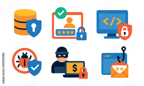 Flat vector icons of cybersecurity: data protection, two-factor authentication, secure login, secure code, malware protection, cyber fraud, secure browser, phishing.