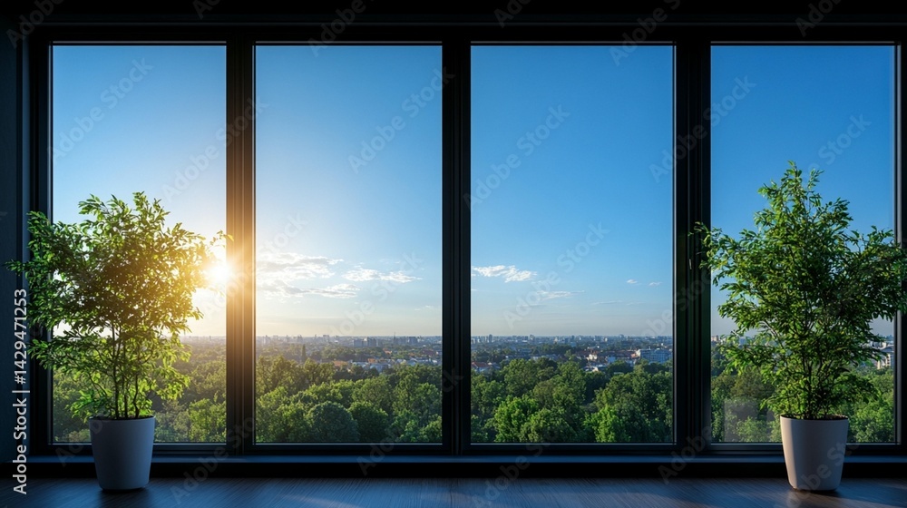 Fototapeta premium Sunrise landscape view from modern window with indoor plants