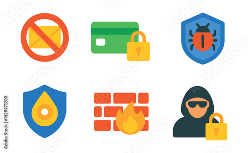 Flat vector icons of cybersecurity: anti-spam, secure payment, secure server, virus protection, data leak prevention, firewall, hacker, secure chat.