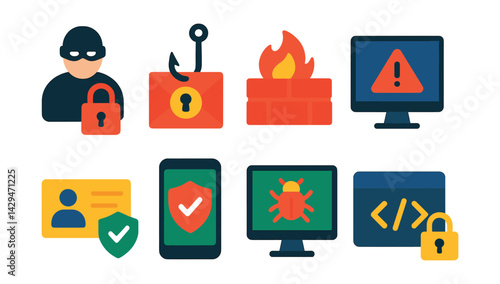 Flat vector icons of cybersecurity: cybercrime, phishing, firewall, threat monitoring, secure access, digital safety, antivirus, secure code.