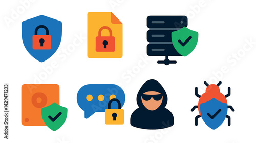 Flat vector icons of cybersecurity: VPN, encrypted file, secure server, secure browser, data protection, secure chat, hacker, malware protection.