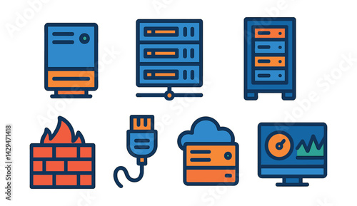 Flat vector icons of server infrastructure: dedicated server, data center, server rack, control panel, firewall, network cable, virtual server, resource monitor.