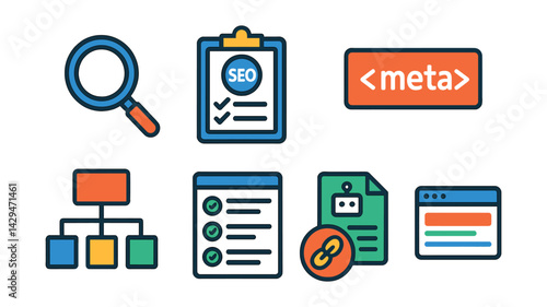 Flat vector icons of SEO optimization: search icon, SEO audit, meta tag, sitemap, keyword list, robots.txt, backlink chart, SERP preview.