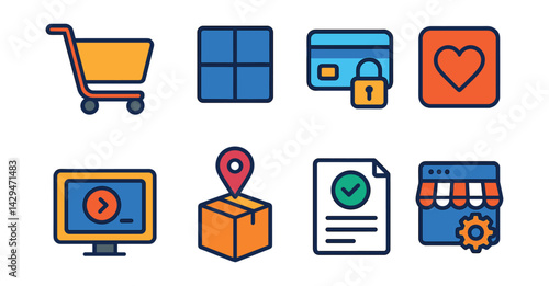Flat vector icons of e-commerce development: shopping cart, product grid, payment gateway, wishlist icon, checkout flow, shipping method, order confirmation, store settings.