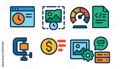 Flat vector icons of web performance: load time icon, lazy loading, speed meter, minified file, compression tool, performance budget, image optimizer, server response icon.