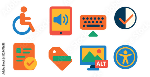 Flat vector icons of accessibility: wheelchair symbol, screen reader icon, keyboard navigation, color contrast check, accessible form, ARIA label, alt text icon, accessibility badge.