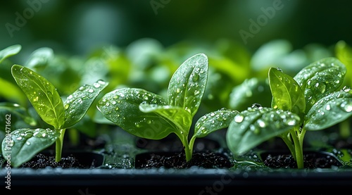 Fresh young seedlings in a tray covered in sparkling water droplets symbolizing new beginnings.