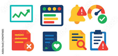 Flat vector icons of monitoring tools: uptime chart, status dashboard, alert bell, performance check, error log, server health icon, log viewer, incident report.