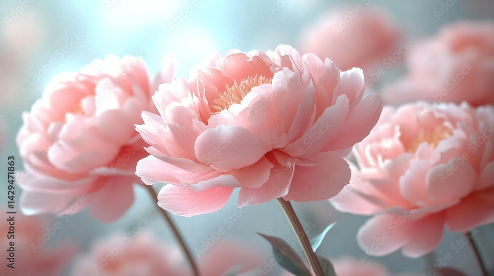 Soft, delicate pink peonies, blooming in full glory. The image conveys a sense of peace and beauty Soft, delicate pink peonies, blooming in full glory. The image conveys a sense of peace and beauty