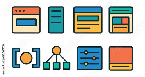 Flat vector icons of web app structure: header bar, navigation menu, main content, sidebar layout, reusable components, page routing, state manager, footer section.