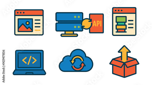 Flat vector icons of full stack development: frontend interface, backend server, API bridge, full stack diagram, tech stack icon, dev laptop, cloud sync, production deploy.