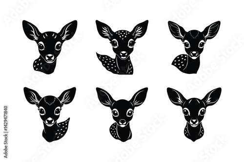black silhouettes of wild deers – male, female and roe deer logo vector.