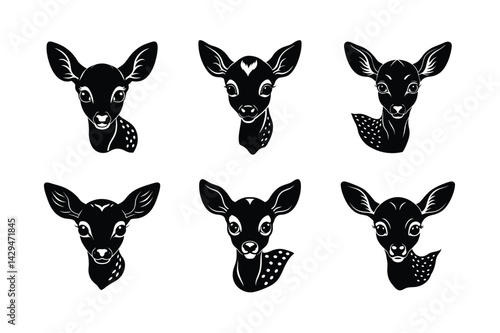black silhouettes of wild deers – male, female and roe deer logo vector.