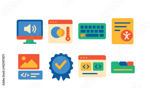 Flat vector icons of web accessibility tools: screen reader test, color contrast tool, keyboard tester, accessible form icon, alt text symbol, WCAG badge, ARIA tags, tab navigation.