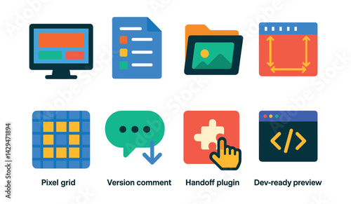 Flat vector icons of design handoff: design mockup, component library, asset export, layout spec, pixel grid, version comment, handoff plugin, dev-ready preview.