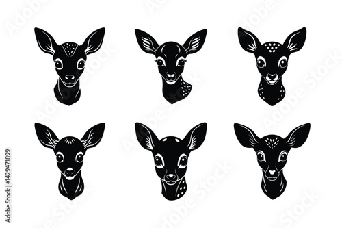 black silhouettes of wild deers – male, female and roe deer logo vector.