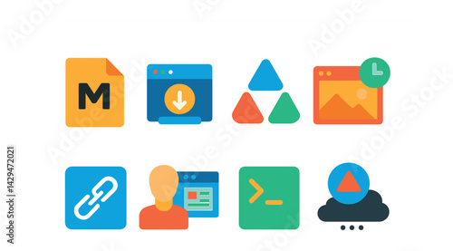 Flat vector icons of static site generators: markdown file, static export, Jamstack logo, pre-render icon, content API, headless CMS, build command, deploy to CDN.