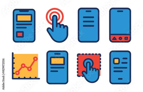 Flat vector icons of mobile-first design: mobile layout, touch icon, adaptive menu, mobile nav bar, breakpoints chart, mobile preview screen, tap zone, compact UI.