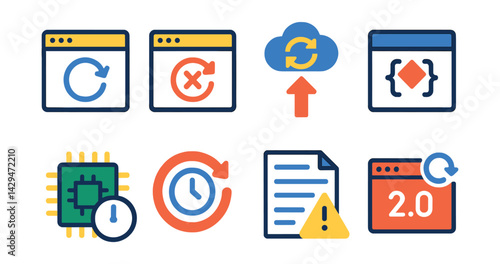 Flat vector icons of web caching: browser cache, cache clear icon, CDN cache, cache-control header, memory cache, stale-while-revalidate, cache miss, asset versioning.