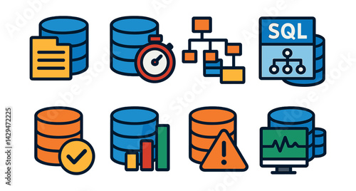 Flat vector icons of database optimization: index icon, query speed, optimized schema, SQL explain plan, cache hit, database stats, slow query alert, DB monitor.