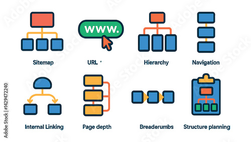 Flat vector icons of site architecture: sitemap icon, URL structure, hierarchy tree, navigation flow, internal linking, page depth, breadcrumbs, structure planning.