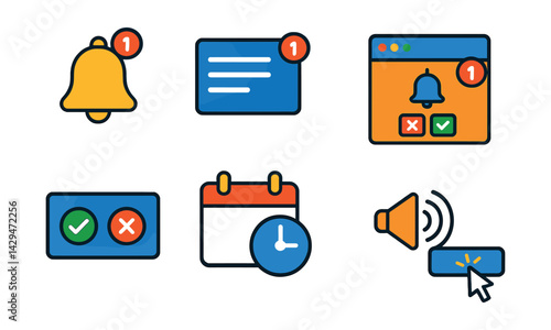 Flat vector icons of push notifications: bell icon, notification center, opt-in popup, web push token, permission dialog, notification schedule, sound alert, click-through.